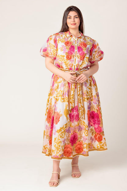 GARDEN TAPESTRY IVORY FLORAL WOVEN MIDI DRESS Flying Tomato