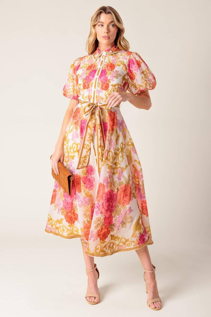 GARDEN TAPESTRY IVORY FLORAL WOVEN MIDI DRESS Flying Tomato