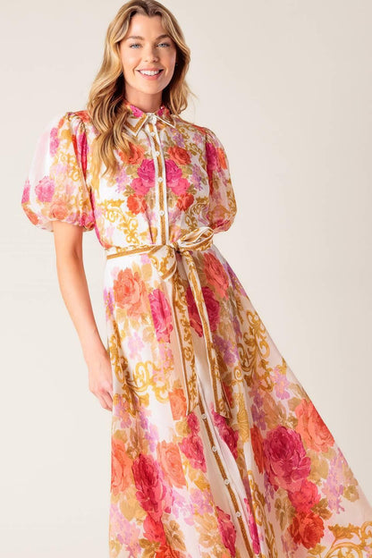 GARDEN TAPESTRY IVORY FLORAL WOVEN MIDI DRESS Flying Tomato