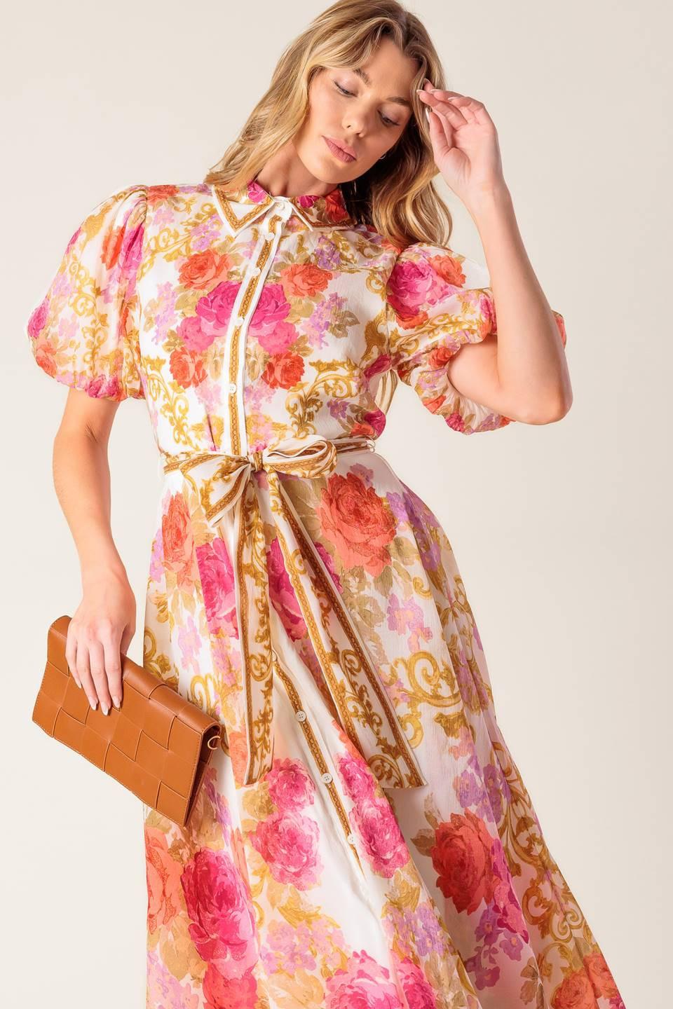 GARDEN TAPESTRY IVORY FLORAL WOVEN MIDI DRESS Flying Tomato