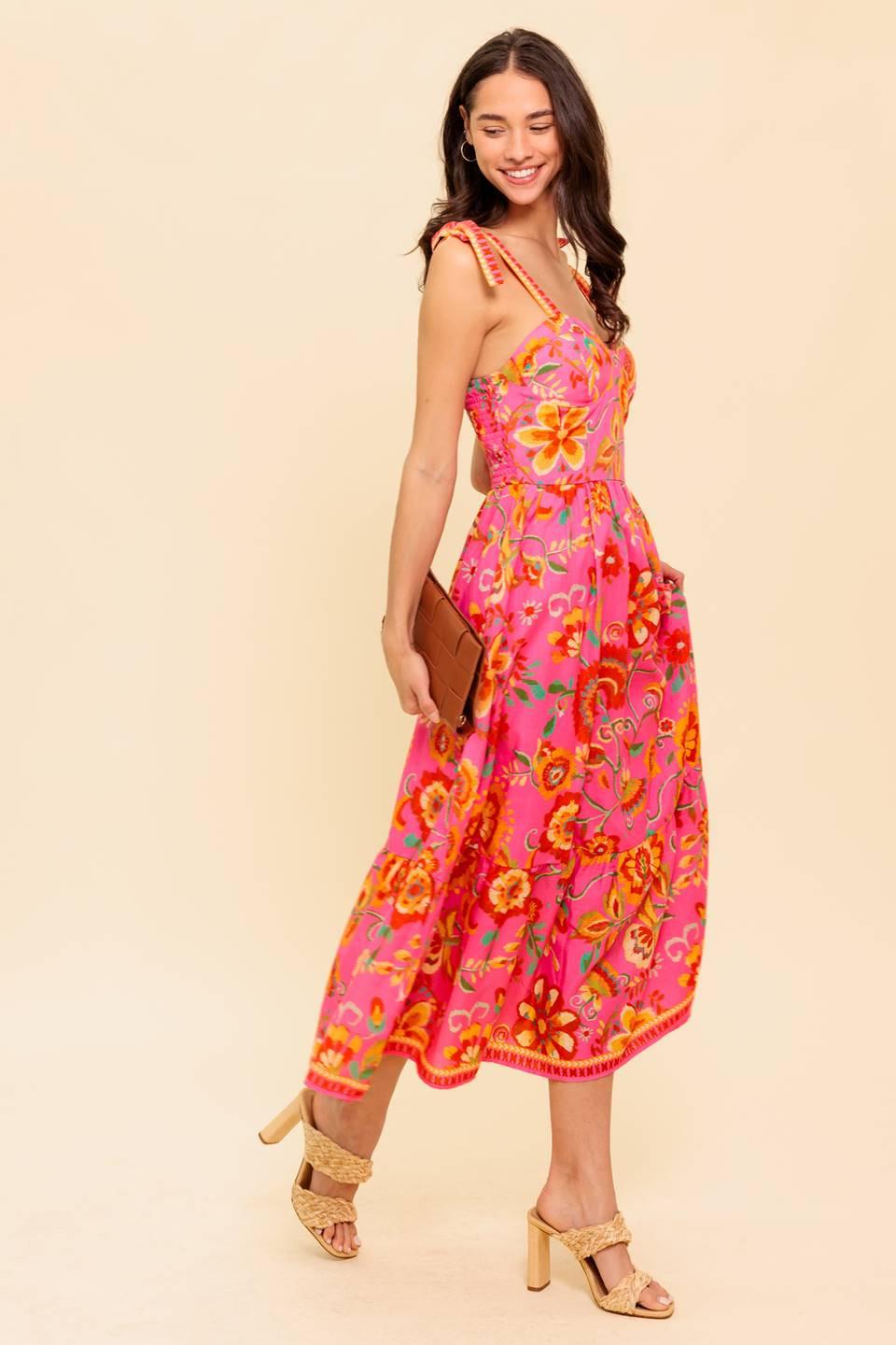 GARDEN GATHERING PINK WOVEN MIDI DRESS Flying Tomato