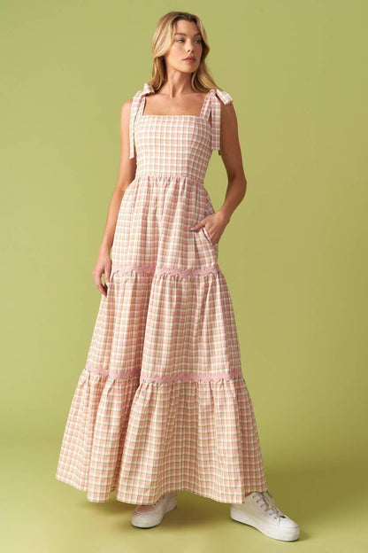IMAGINE THAT GREEN PINK PLAID MIDI DRESS Flying Tomato