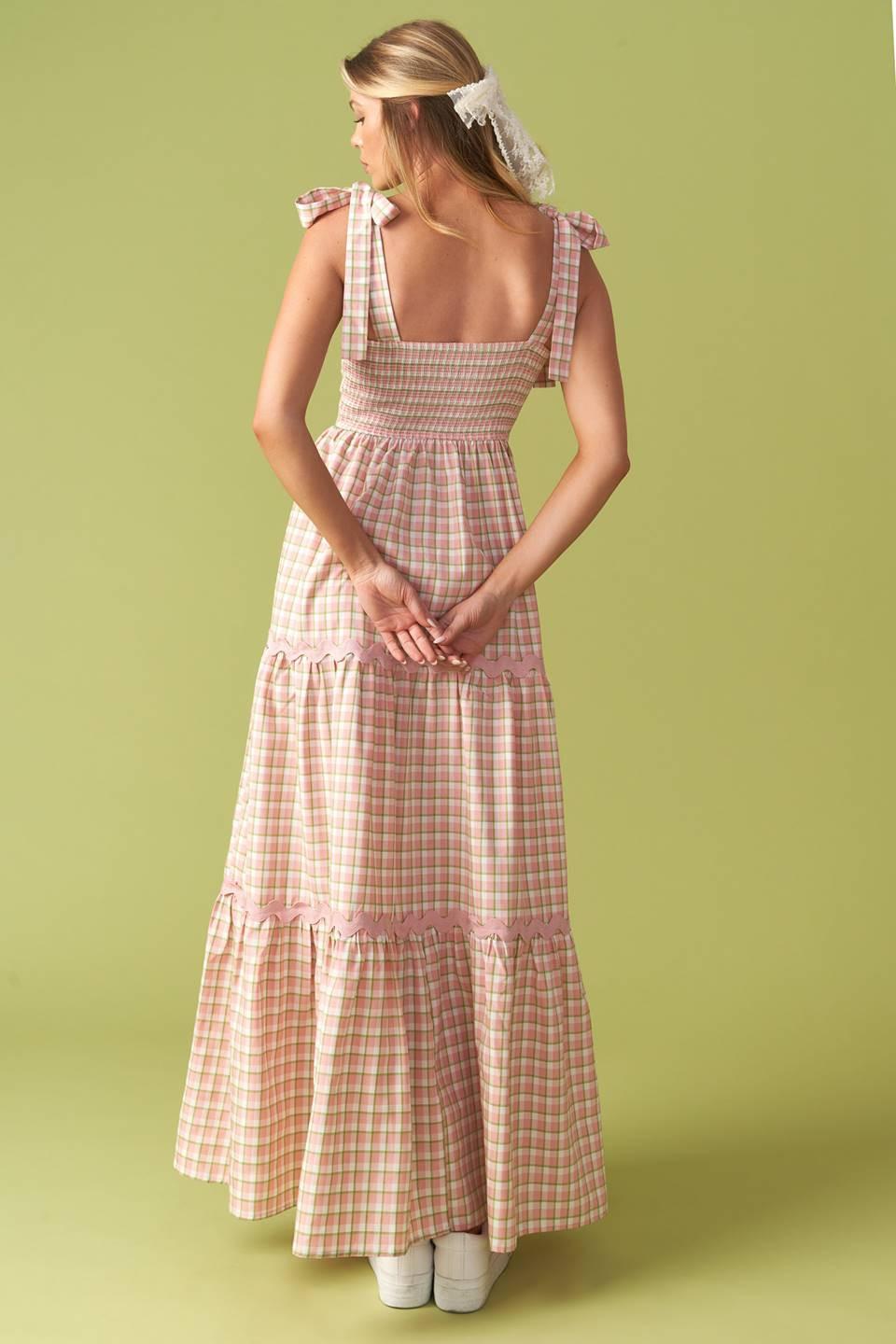 IMAGINE THAT GREEN PINK PLAID MIDI DRESS Flying Tomato
