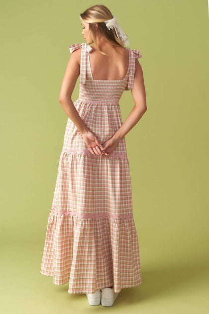 IMAGINE THAT GREEN PINK PLAID MIDI DRESS Flying Tomato