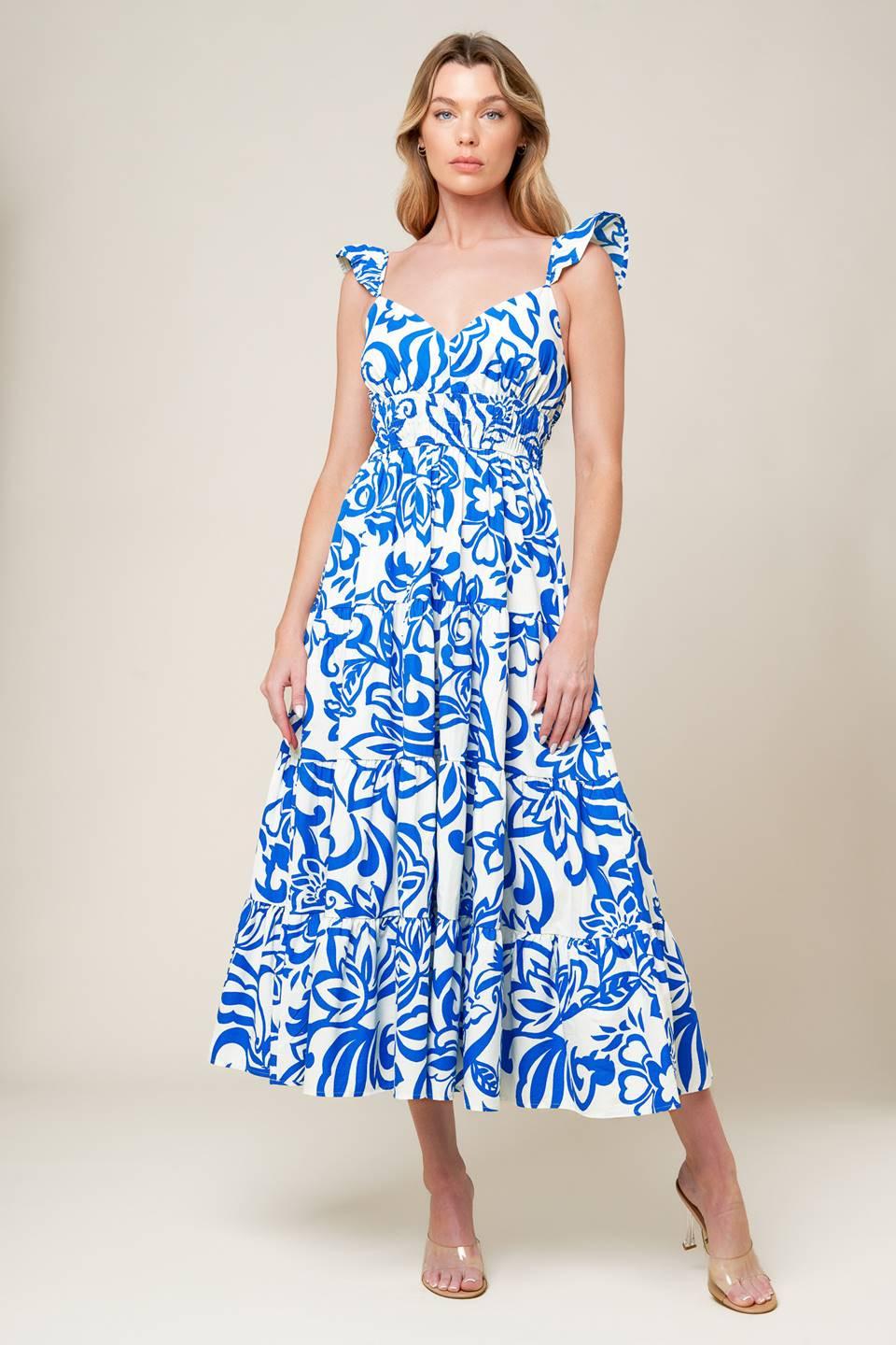 MEMORABLE ENTRANCE BLUE WOVEN MDI DRESS Flying Tomato