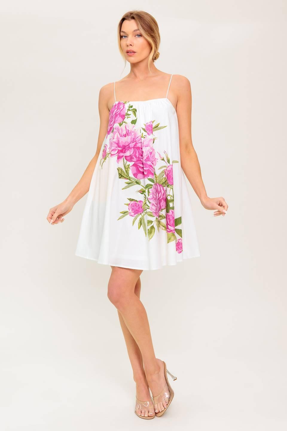 GARDEN WHISPERS PINK FLORAL WOVEN MINI DRESS Flying Tomato