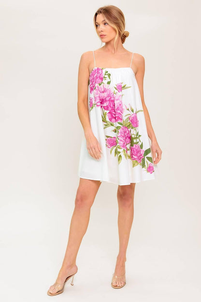 GARDEN WHISPERS PINK FLORAL WOVEN MINI DRESS Flying Tomato