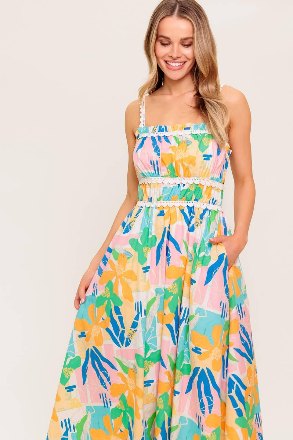 SUNLIT GARDEN PINK BLUE WOVEN MIDI DRESS Flying Tomato