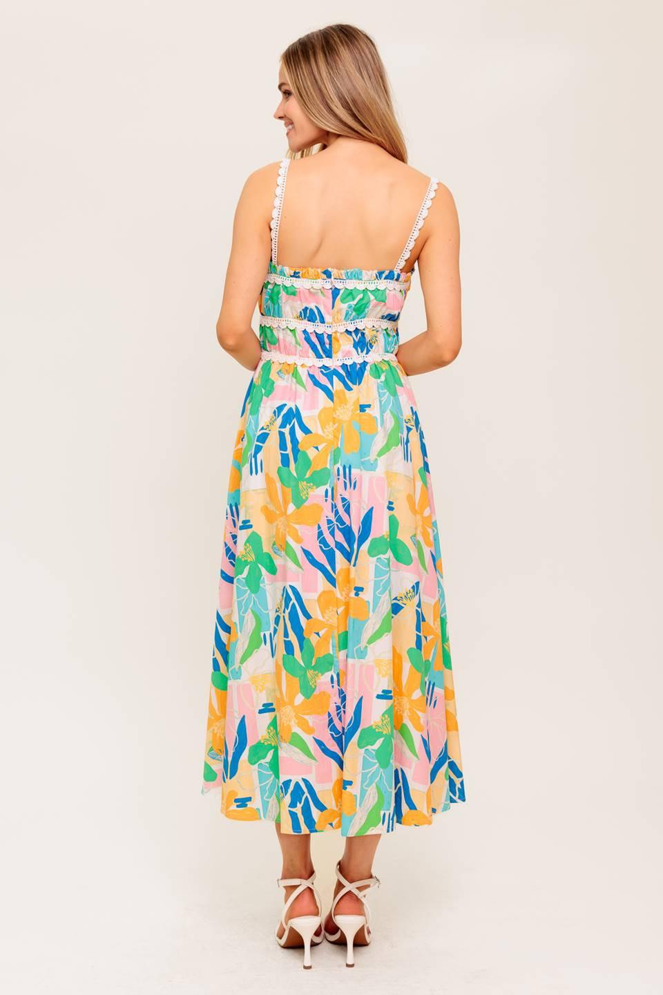 SUNLIT GARDEN PINK BLUE WOVEN MIDI DRESS Flying Tomato