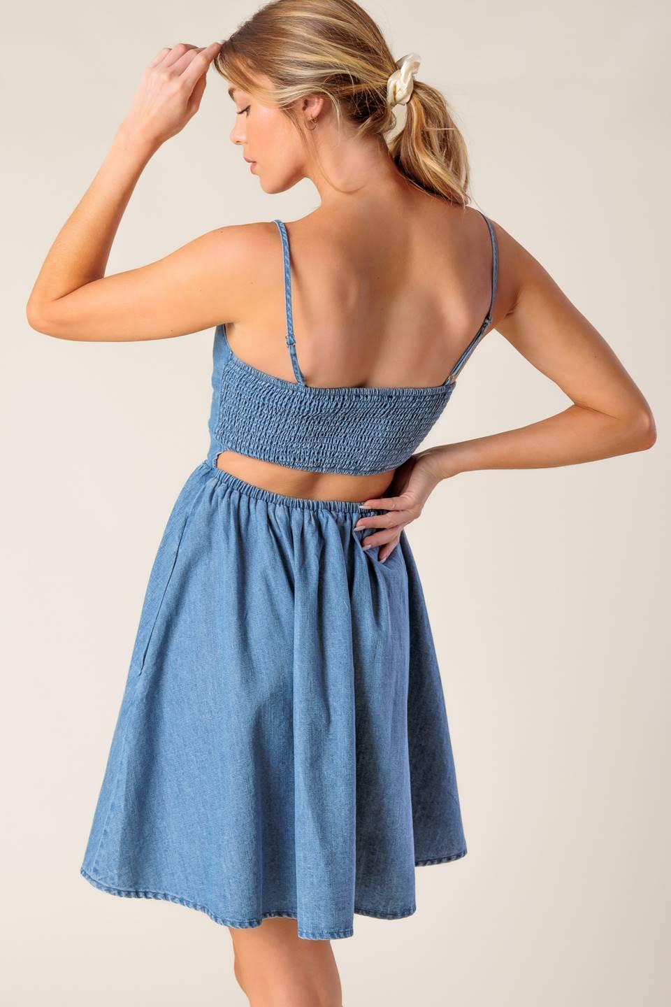 BACK IN LOVE DENIM MINI DRESS Flying Tomato