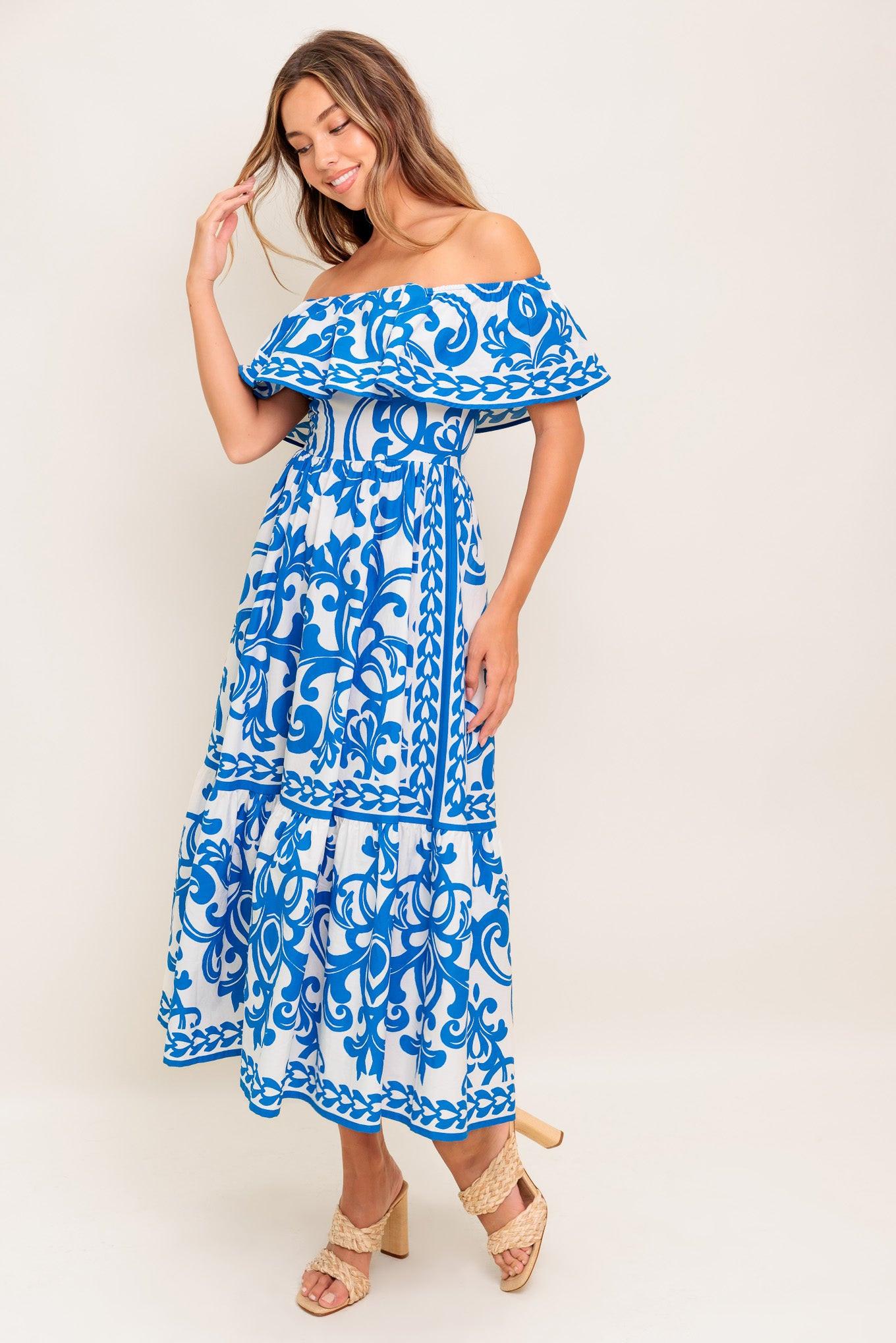 BLOOM SERENADE BLUE WOVEN MIDI DRESS Flying Tomato