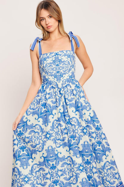AZURE SCROLL WOVEN MIDI DRESS Flying Tomato