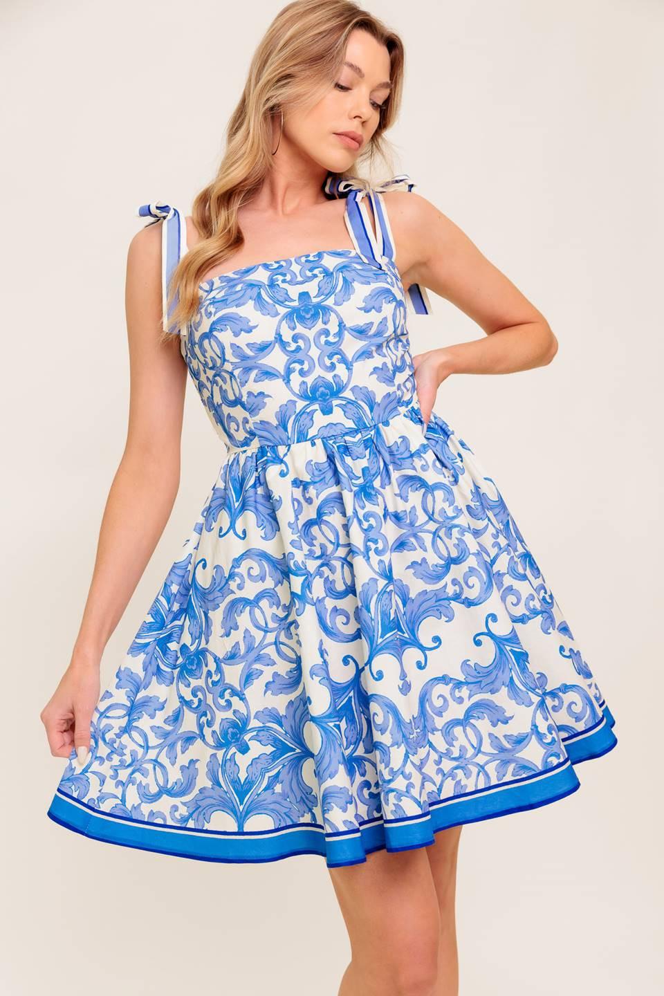 FLORENCE DAYS FLORAL BLUE WOVEN MINI DRESS Flying Tomato