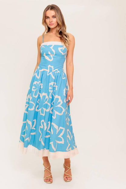 SERENE PETALS BLUE WOVEN MIDI DRESS Flying Tomato