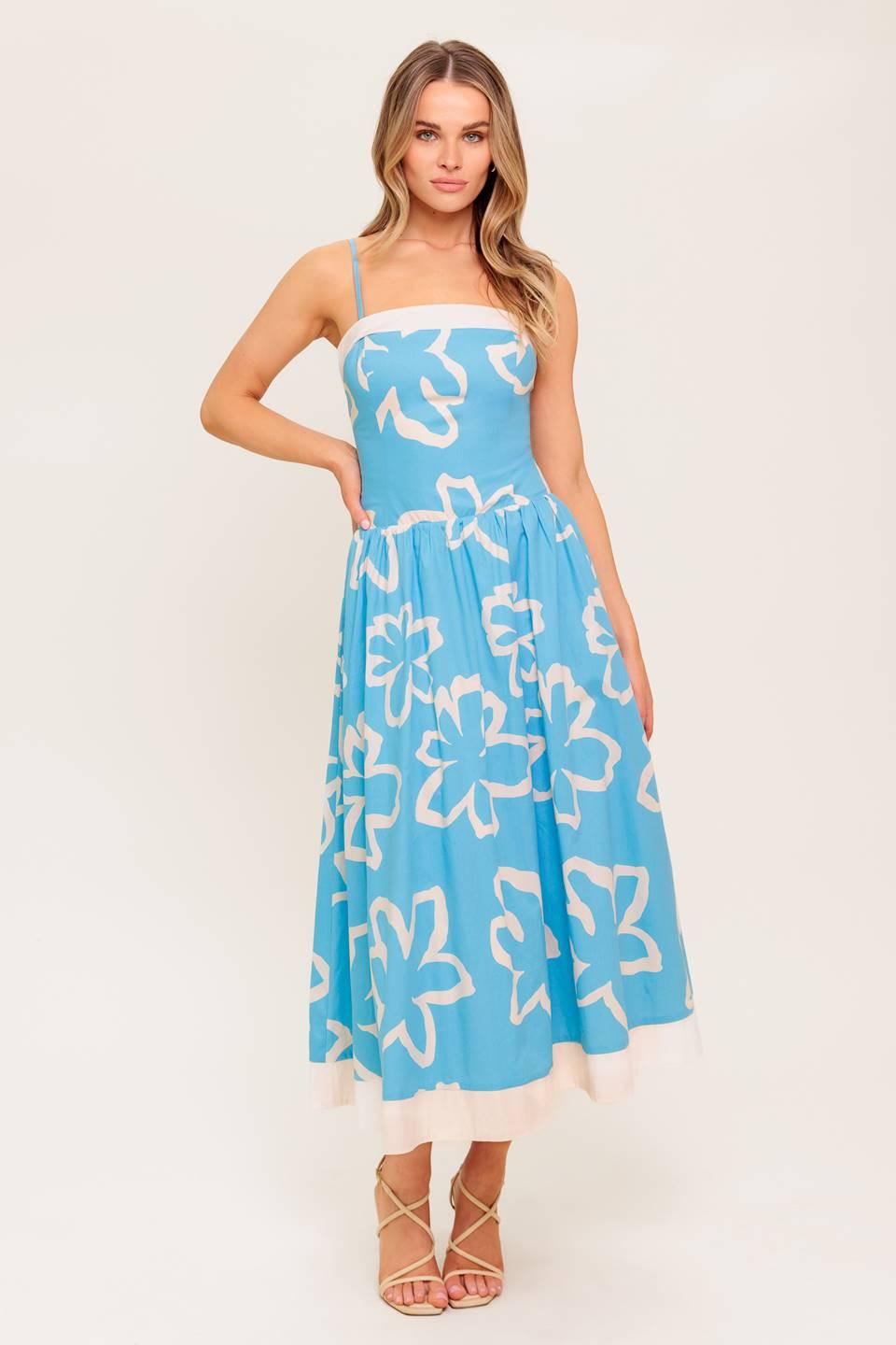 SERENE PETALS BLUE WOVEN MIDI DRESS Flying Tomato