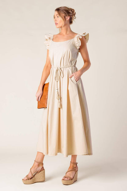 CHAMPAGNE TOAST TAUPE WOVEN MIDI DRESS Flying Tomato