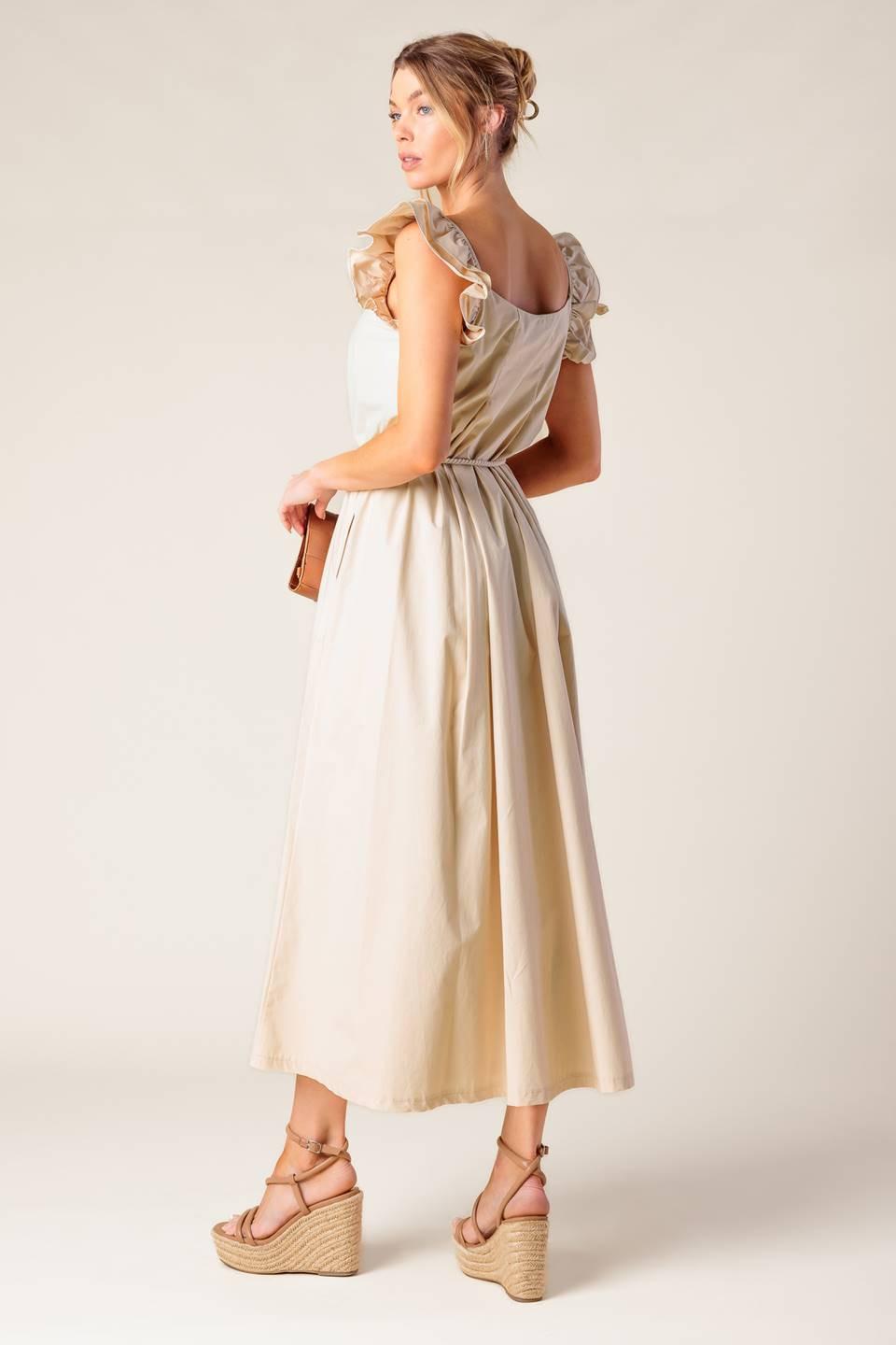 CHAMPAGNE TOAST TAUPE WOVEN MIDI DRESS Flying Tomato