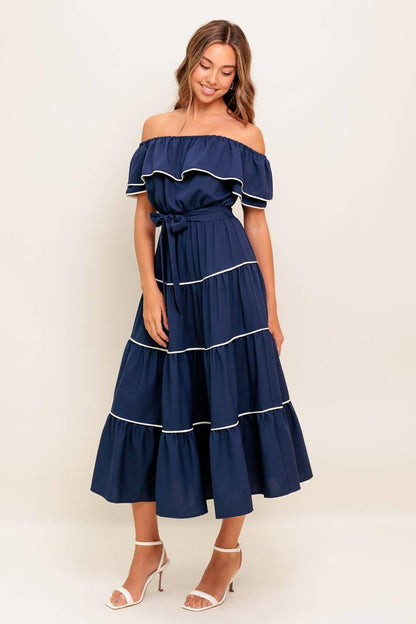 BUTTERCREAM DREAM NAVY WOVEN MIDI DRESS Flying Tomato