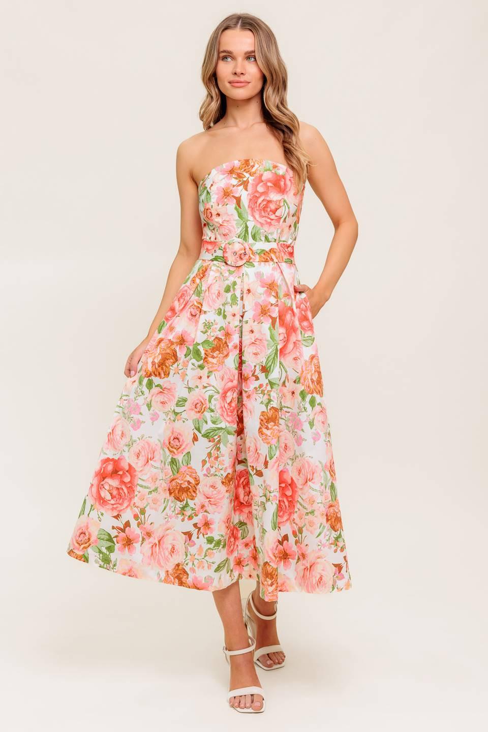 BLUSHING DAWN PINK WOVEN MIDI DRESS Flying Tomato