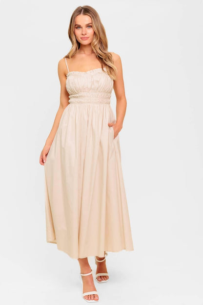 HONEY SUNSET CREAM WOVEN MIDI DRESS Flying Tomato