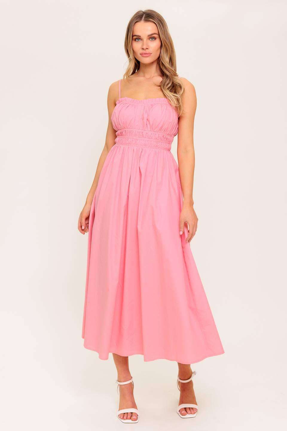 HONEY SUNSET PINK WOVEN MIDI DRESS Flying Tomato