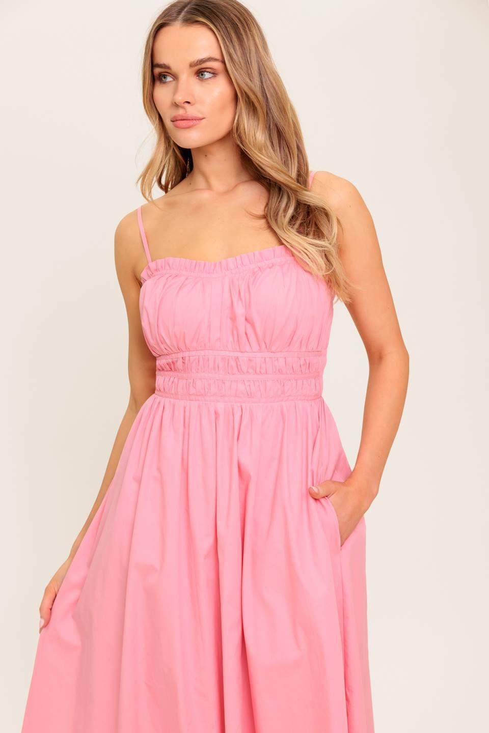 HONEY SUNSET PINK WOVEN MIDI DRESS Flying Tomato