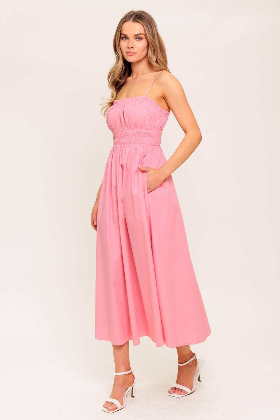 HONEY SUNSET PINK WOVEN MIDI DRESS Flying Tomato