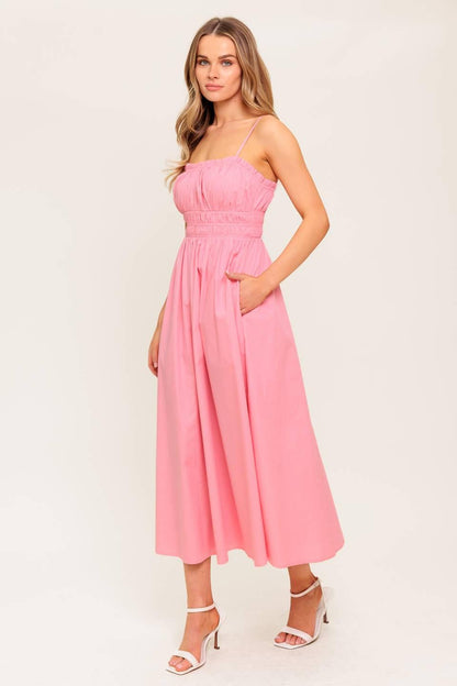 HONEY SUNSET PINK WOVEN MIDI DRESS Flying Tomato