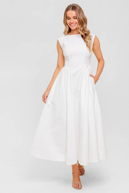 CANDLE VINE WHITE DENIM WOVEN MIDI DRESS Flying Tomato