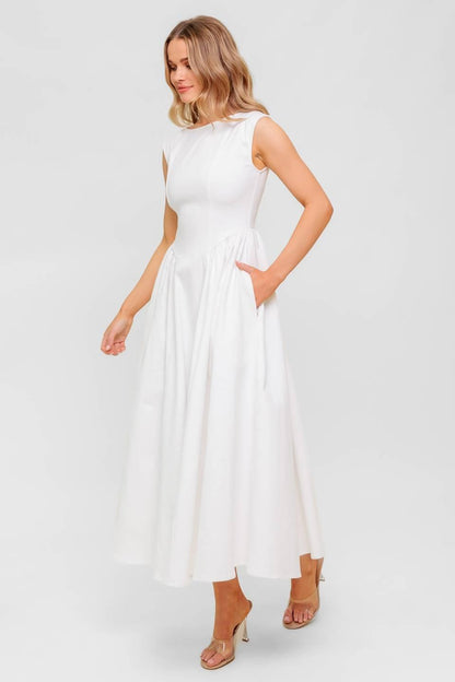 CANDLE VINE WHITE DENIM WOVEN MIDI DRESS Flying Tomato