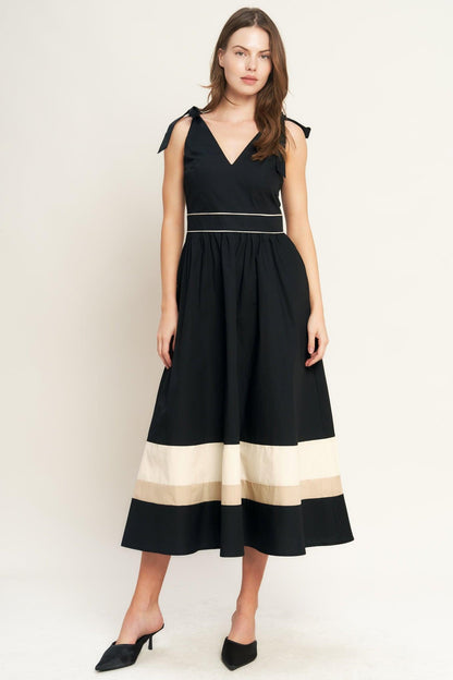 FOREST CHARM BLACK CREAM WOVEN MIDI DRESS Flying Tomato