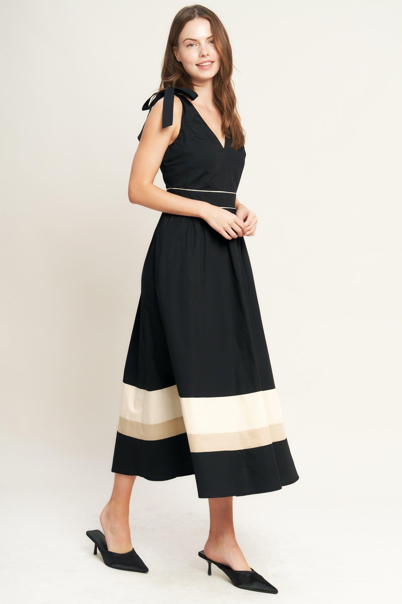 FOREST CHARM BLACK CREAM WOVEN MIDI DRESS Flying Tomato