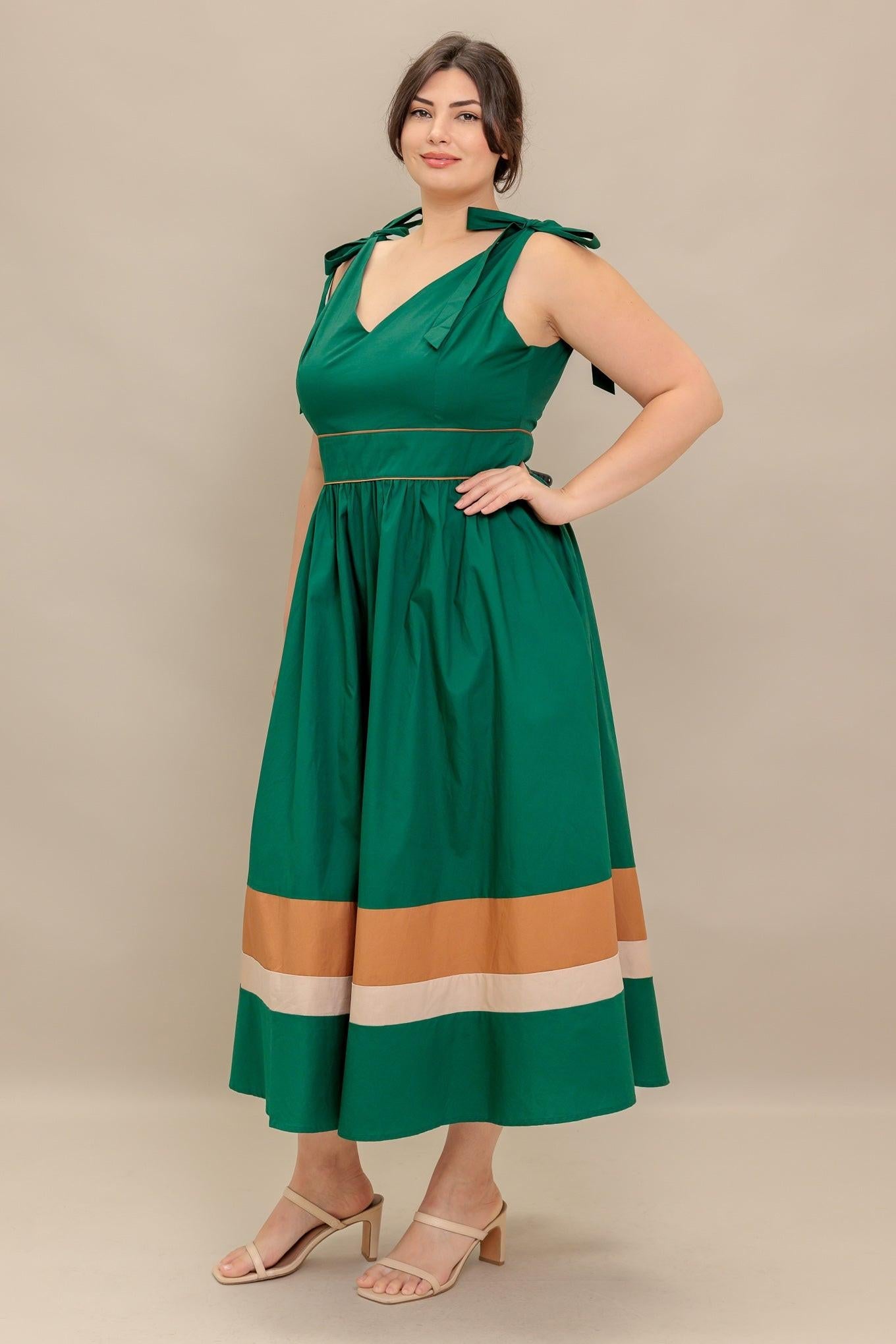 FOREST CHARM WOVEN COLOR BLOCKED MIDI DRESS Flying Tomato