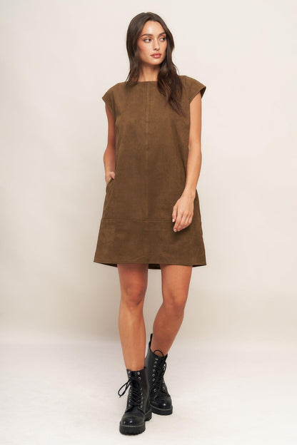 QUIET LUXURY EDGE FAUX SUEDE MIDI SHIFT DRESS Flying Tomato