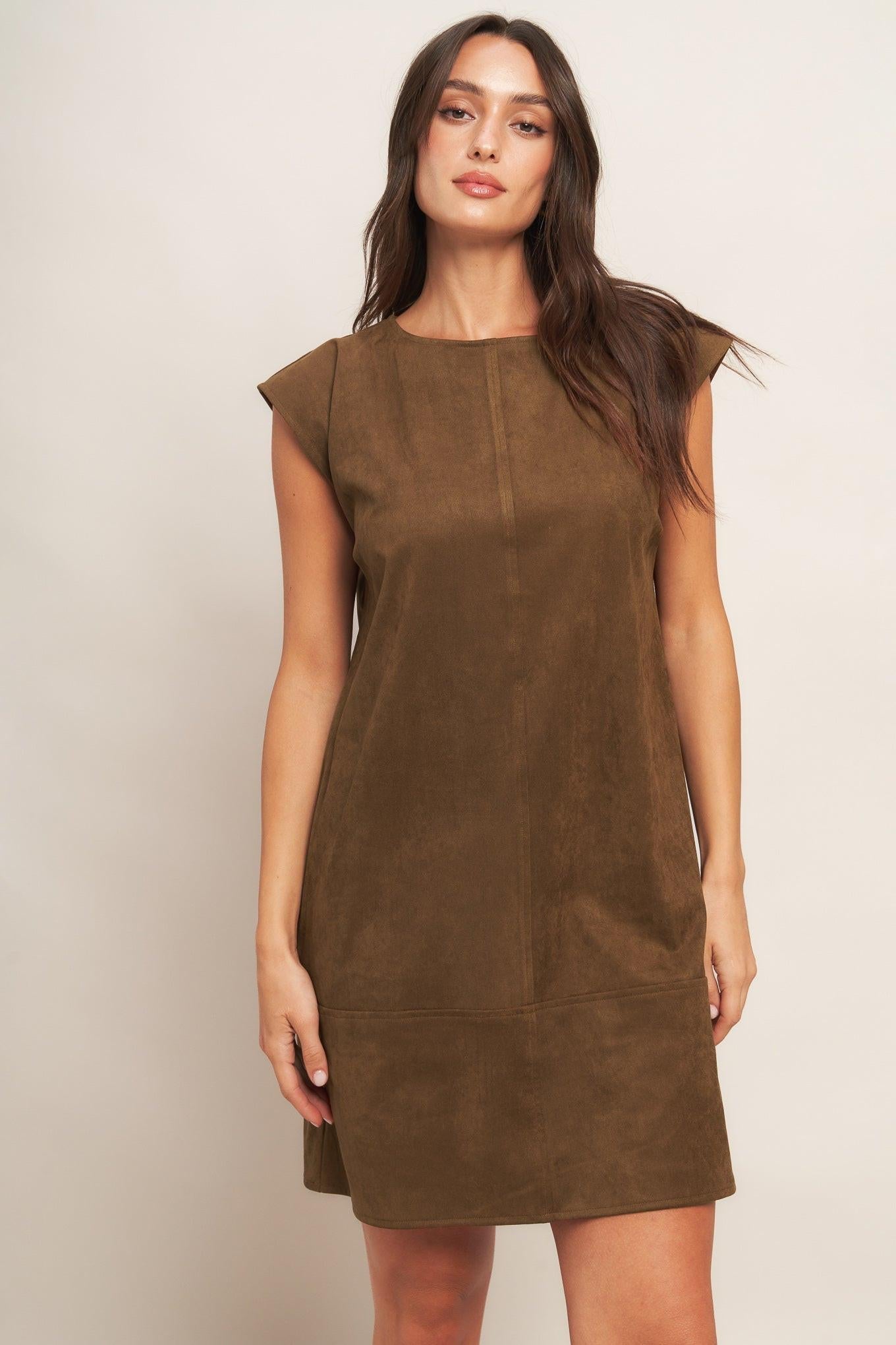 QUIET LUXURY EDGE FAUX SUEDE MIDI SHIFT DRESS Flying Tomato