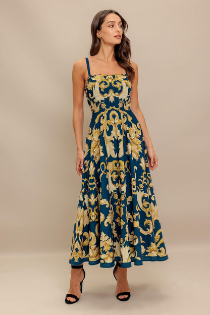 IMPERIAL BLOOM BLUE WOVEN MIDI DRESS Flying Tomato