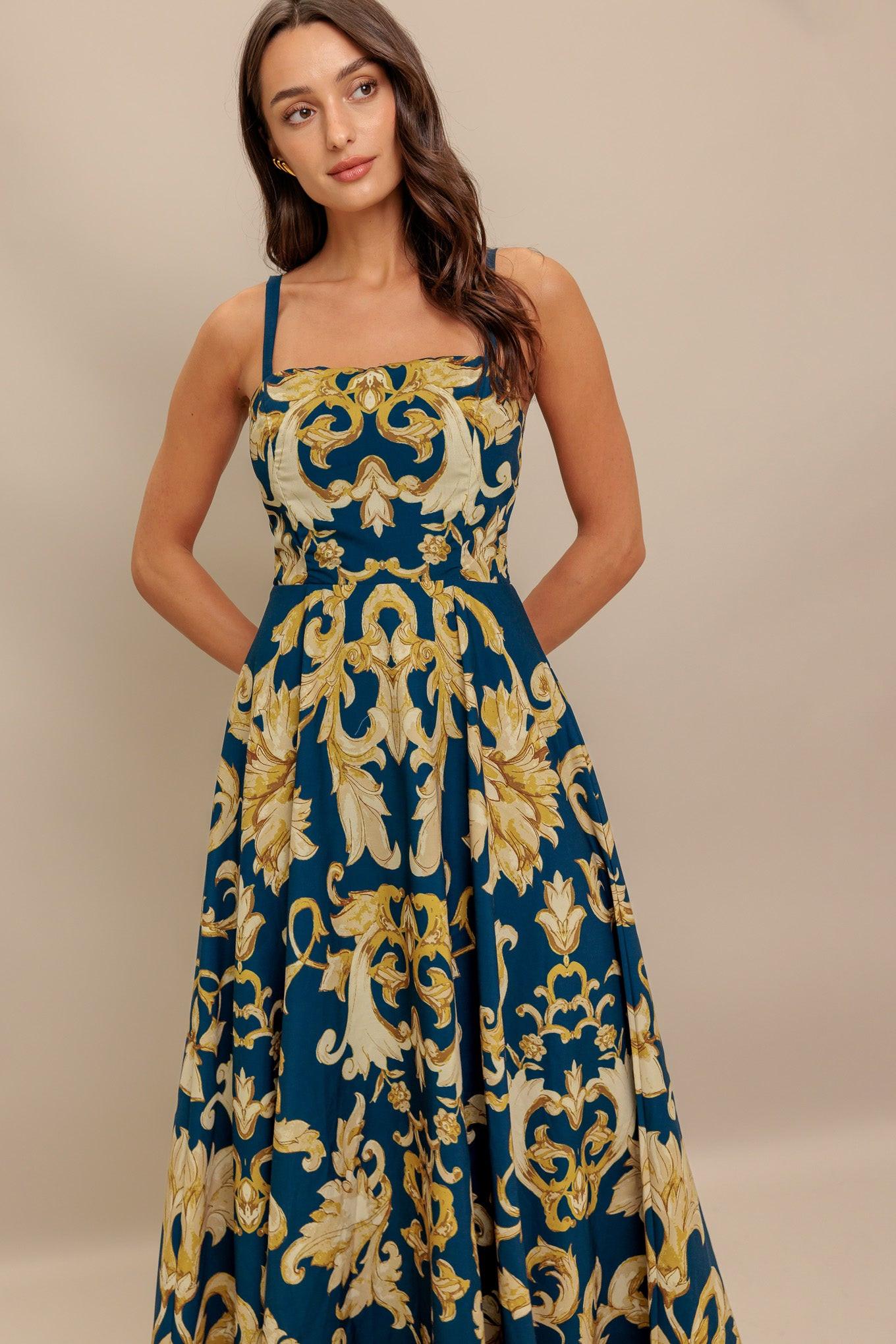 IMPERIAL BLOOM BLUE WOVEN MIDI DRESS Flying Tomato