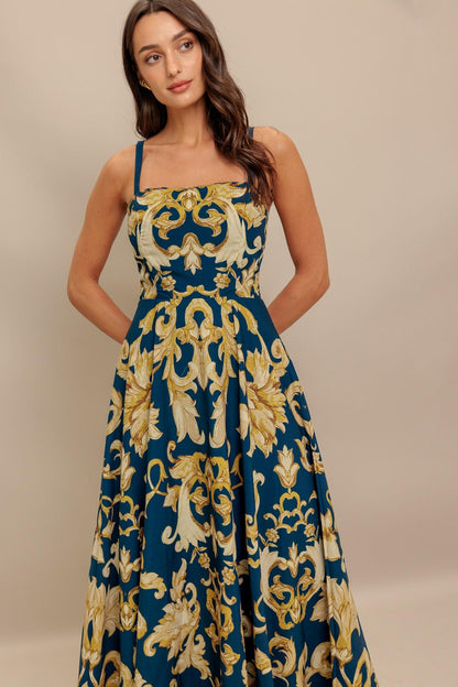 IMPERIAL BLOOM BLUE WOVEN MIDI DRESS Flying Tomato