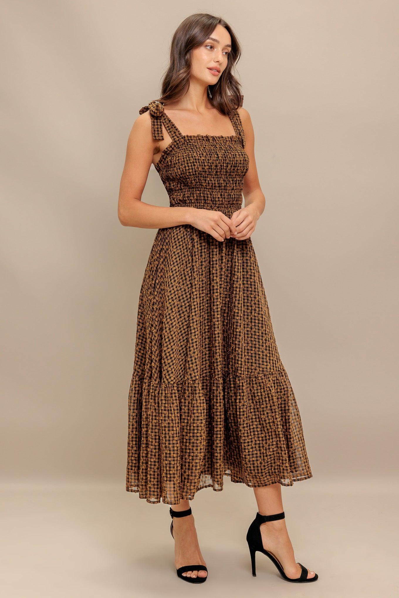 CHECKED DAYDREAM WOVEN MIDI DRESS Flying Tomato