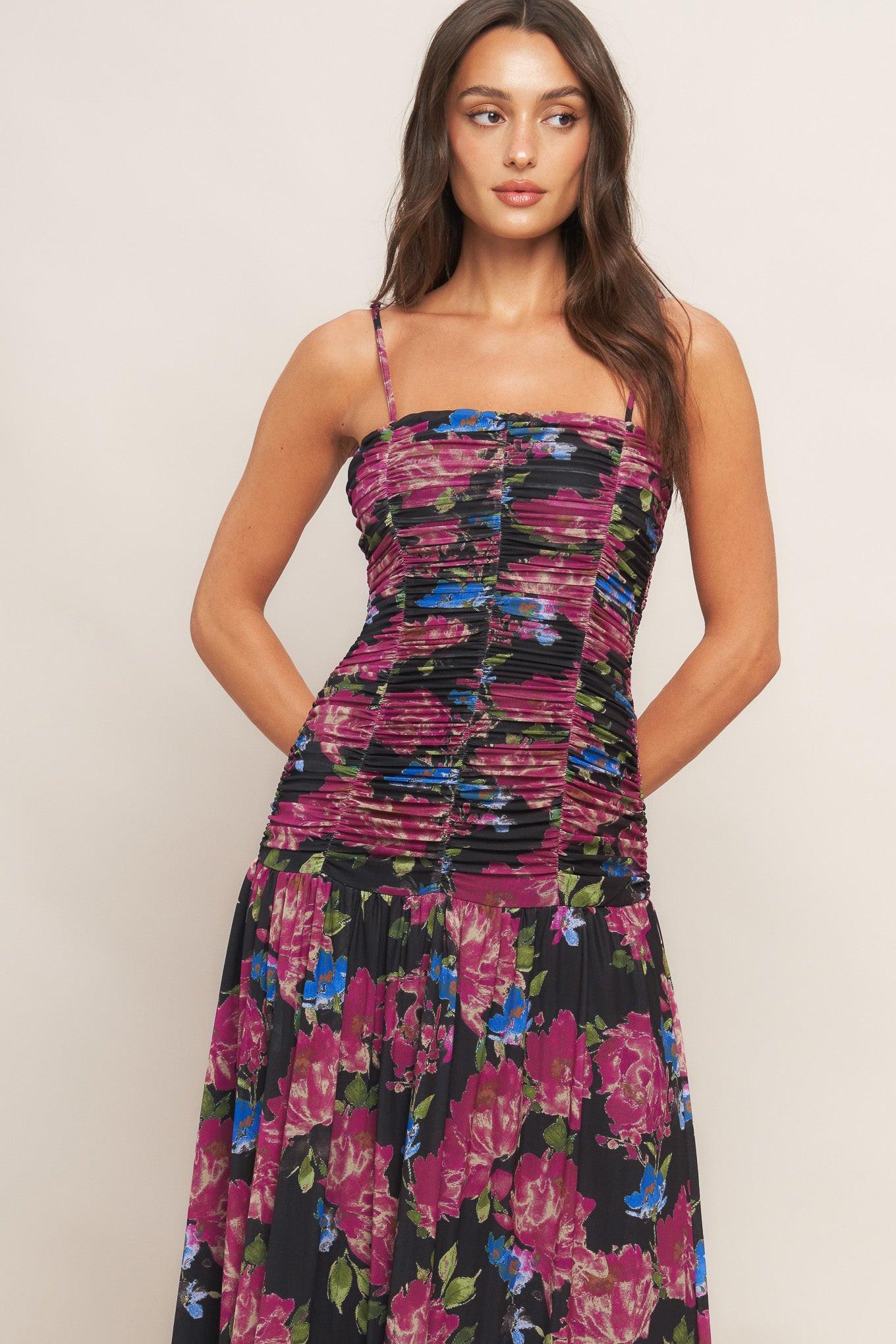 NIGHT FLORIST POWER MESH MAXI DRESS Flying Tomato