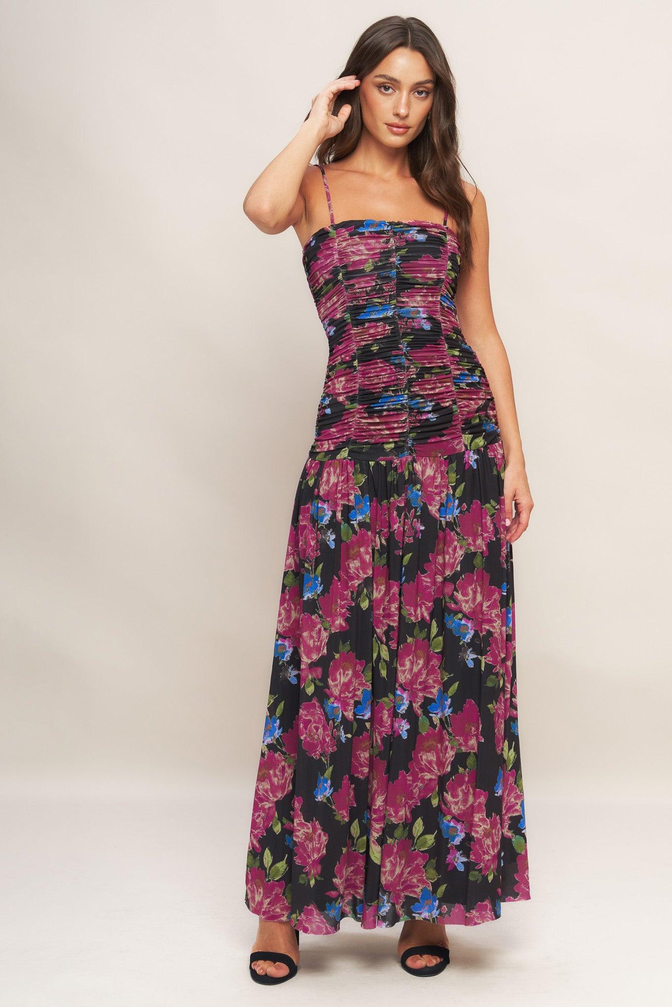 NIGHT FLORIST POWER MESH MAXI DRESS Flying Tomato