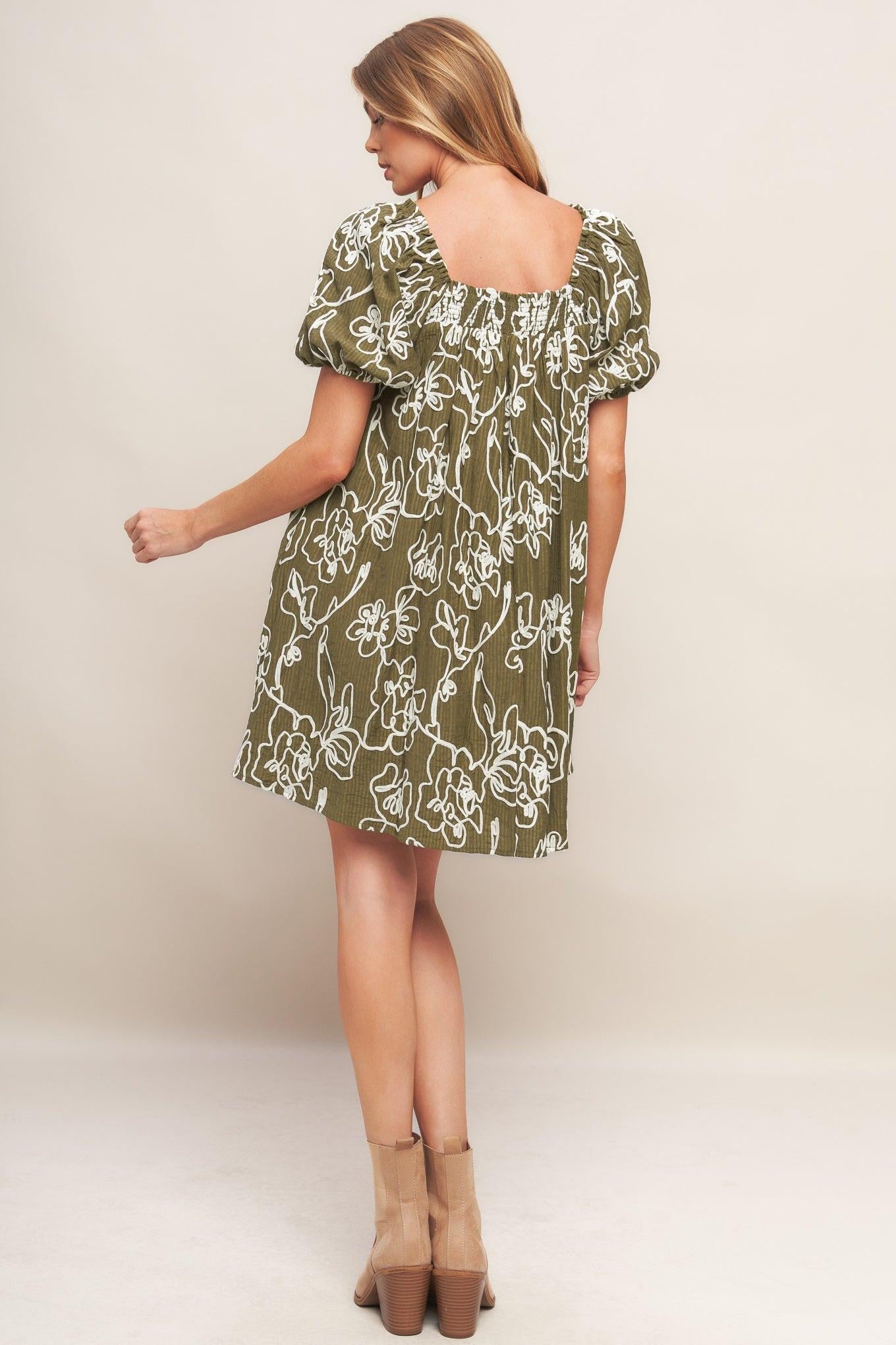 BOTANICAL OUTLINE WOVEN MINI DRESS Flying Tomato
