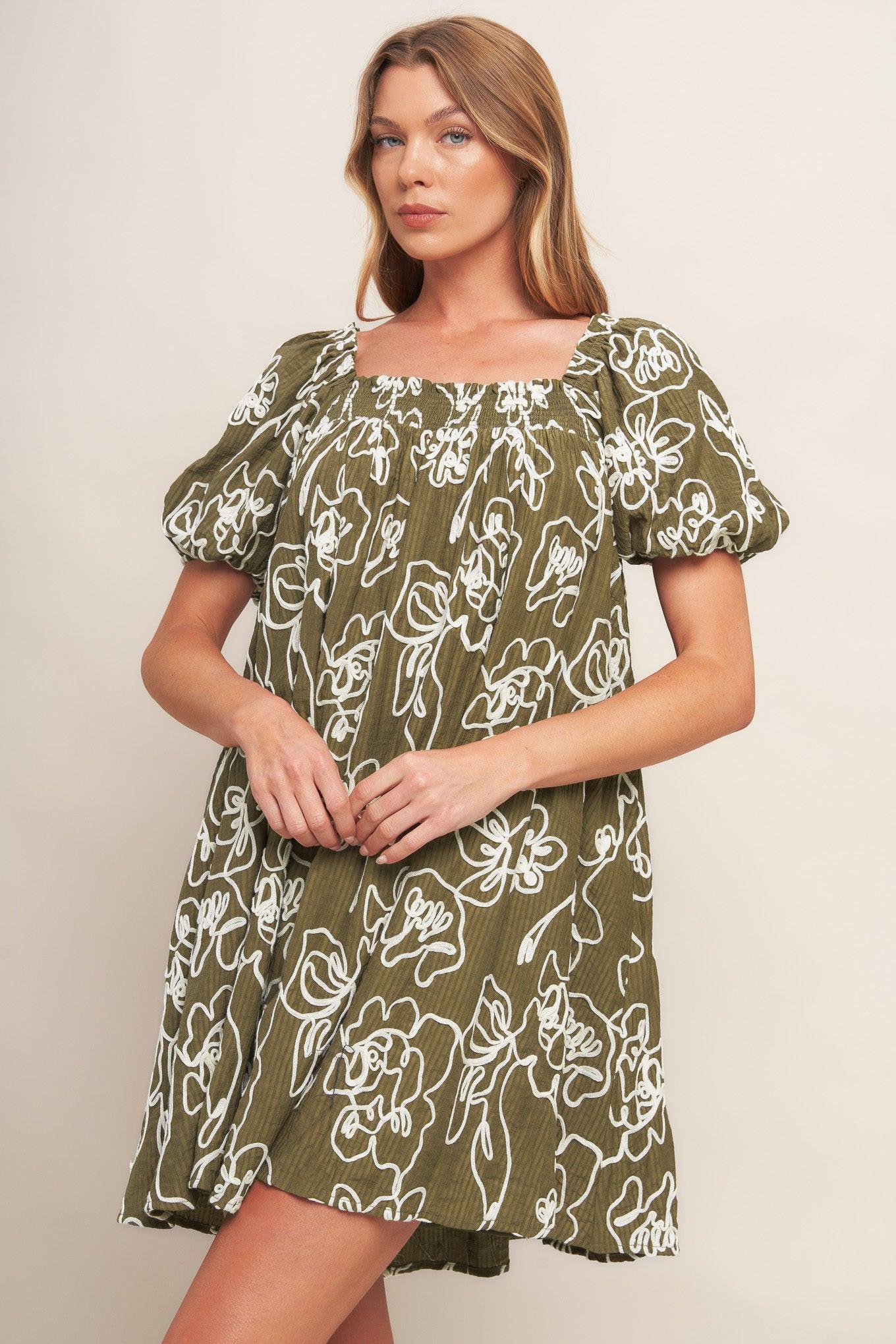BOTANICAL OUTLINE WOVEN MINI DRESS Flying Tomato