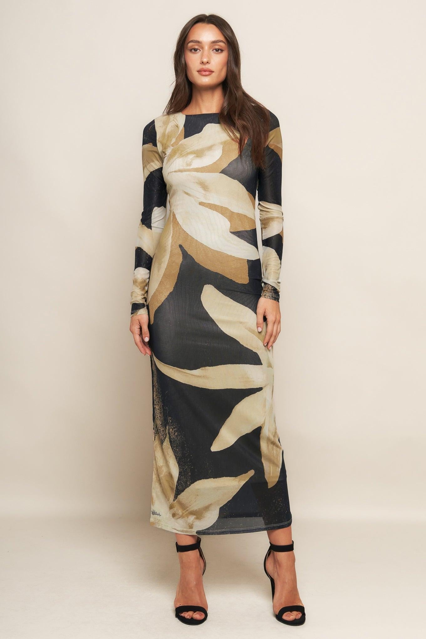 ABSTRACT BOTANICA POWER MESH MIDI DRESS Flying Tomato