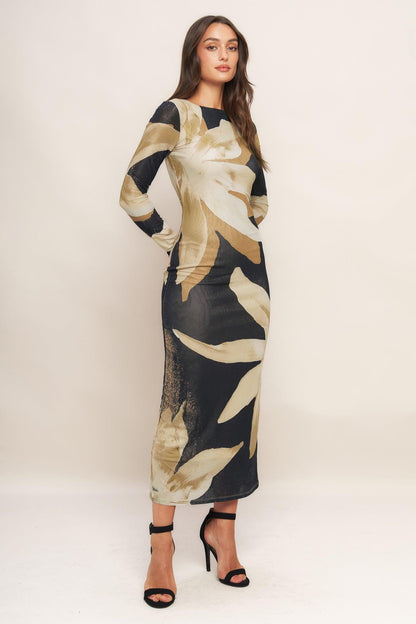 ABSTRACT BOTANICA POWER MESH MIDI DRESS Flying Tomato
