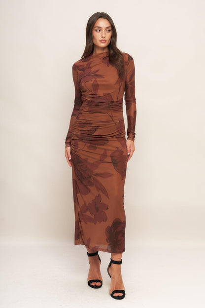 AMBER FLORA POWER MESH MIDI DRESS Flying Tomato