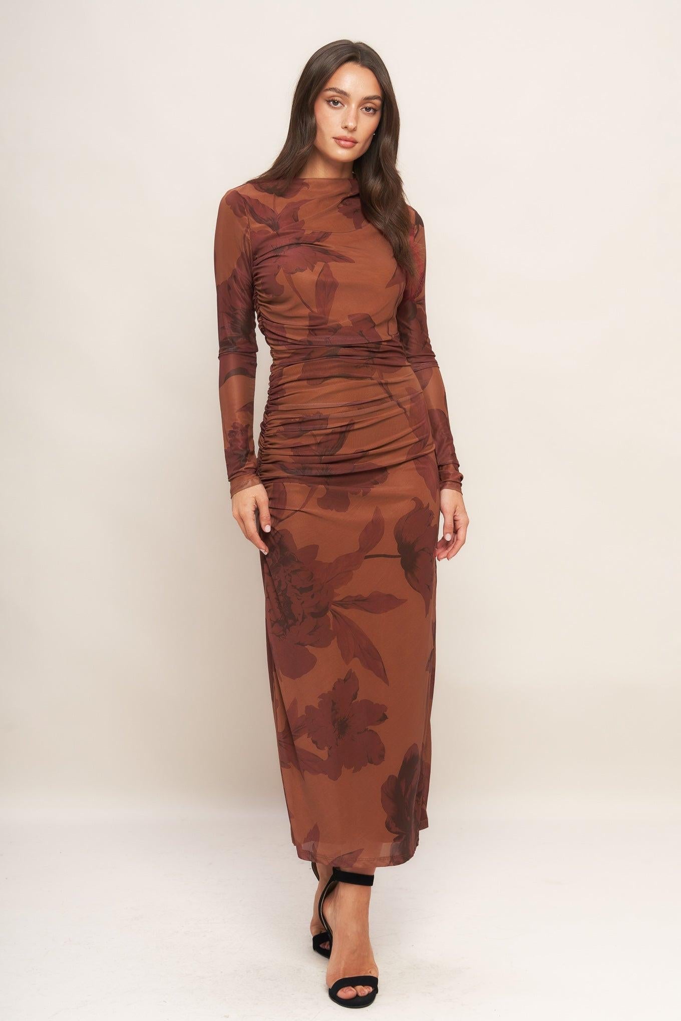 AMBER FLORA POWER MESH MIDI DRESS Flying Tomato
