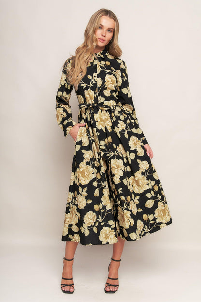 MIDNIGHT BLOOM BLACK WOVEN MIDI DRESS Flying Tomato