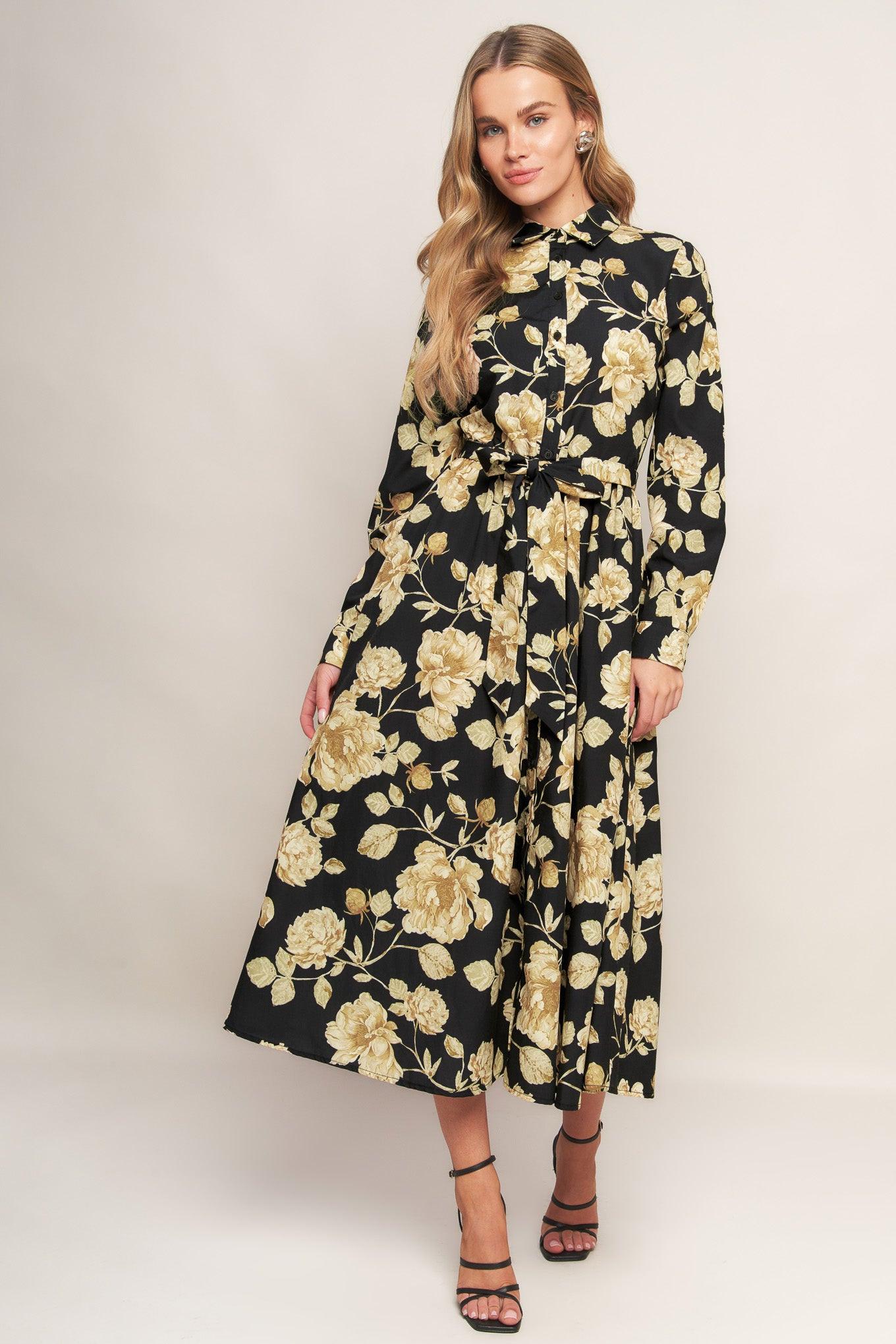 MIDNIGHT BLOOM BLACK WOVEN MIDI DRESS Flying Tomato