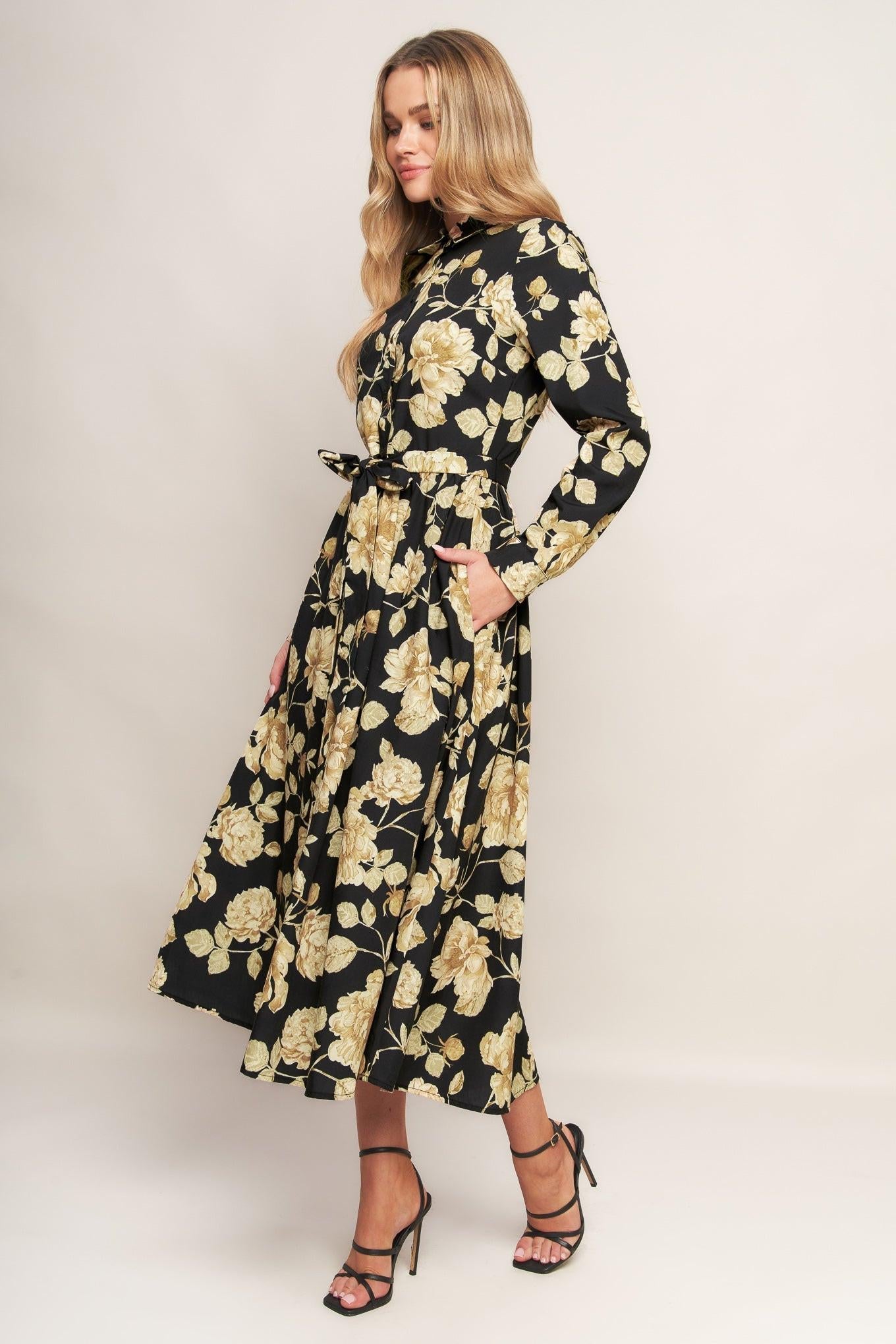MIDNIGHT BLOOM BLACK WOVEN MIDI DRESS Flying Tomato